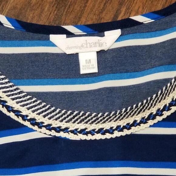 Charming Charlie Top Size Medium Blue Striped Braided Scoop Neck - Picture 4 of 8